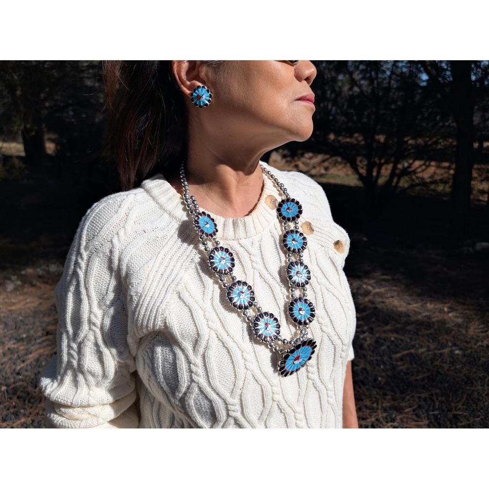 Vintage Zuni Sunface Squash Blossom Necklace‎ & Earring Set jewelry**